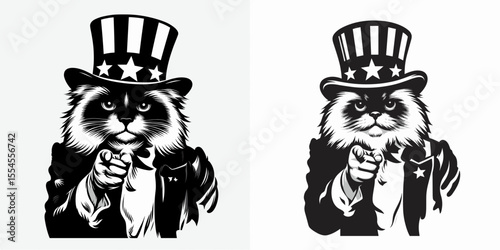 Ragdoll Cat wear american top hat as uncle sam point index finger to viewer. 4th of July Flag Patriotism Usa America Independence Day Clipart Line Art Vector Illustration. Fluffy feline.