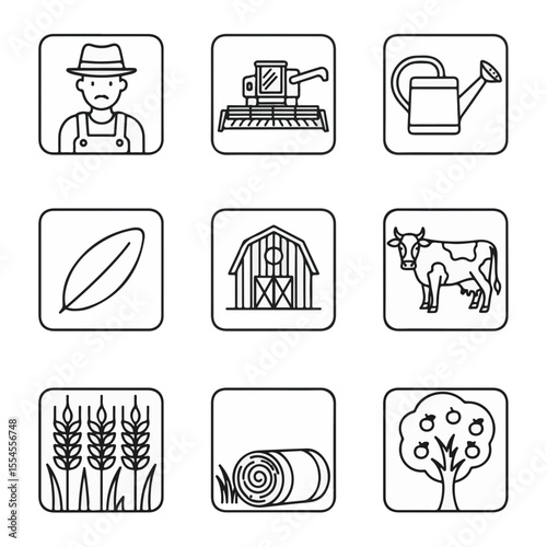 Farm icon set featuring equipment, animals, and crops