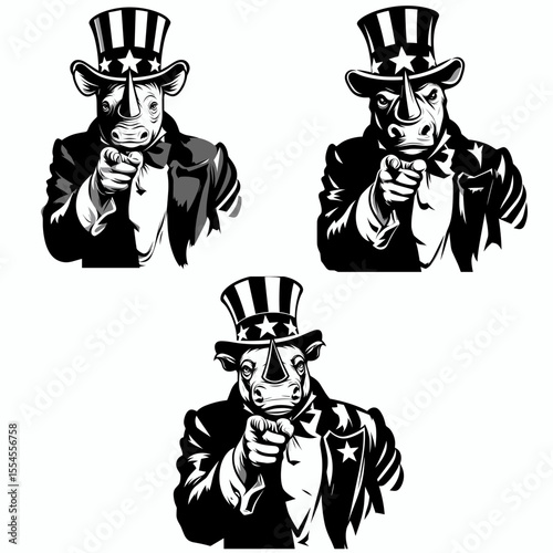 Rhino fullbody wear american top hat as uncle sam point index finger to viewer. 4th of July Flag Patriotism Usa America Independence Day Clipart Line Art Vector Illustration. Enormous beast.