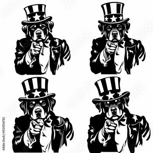 Rottweiler Dog fullbody wear american top hat as uncle sam point index finger to viewer. 4th of July Flag Patriotism Usa America Independence Day Clipart Line Art Vector Illustration. Canine.