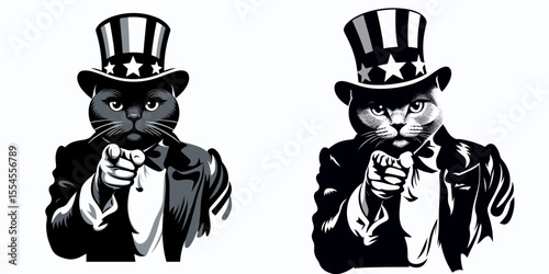 Russian Blue Cat fullbody wear american top hat as uncle sam point index finger to viewer. 4th of July Flag Patriotism Usa America Independence Day Clipart Line Art Vector Illustration. Gray.