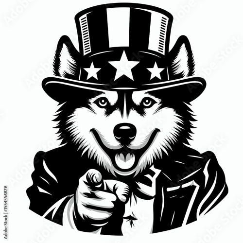 Siberian Husky Dog wear american top hat as uncle sam point index finger to viewer. 4th of July Flag Patriotism Usa America Independence Day Clipart Line Art Vector Illustration. Canine.