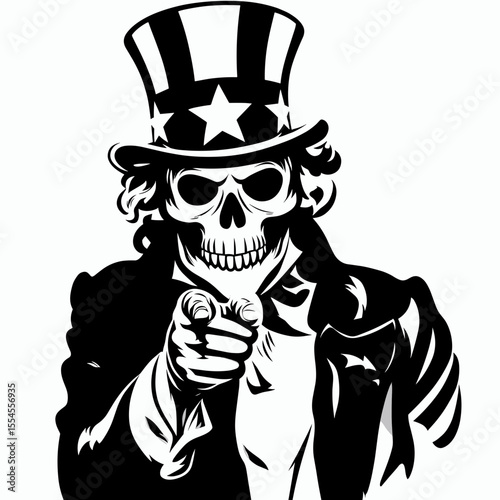 skeleton fullbody wear american top hat as uncle sam point index finger to viewer. 4th of July Flag Patriotism Usa America Independence Day Clipart Line Art Vector Illustration. Bony figure.