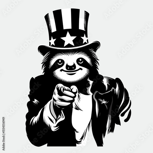 Sloth fullbody wear american top hat as uncle sam point index finger to viewer. 4th of July Flag Patriotism Usa America Independence Day Clipart Line Art Vector Illustration. Slow mammal.