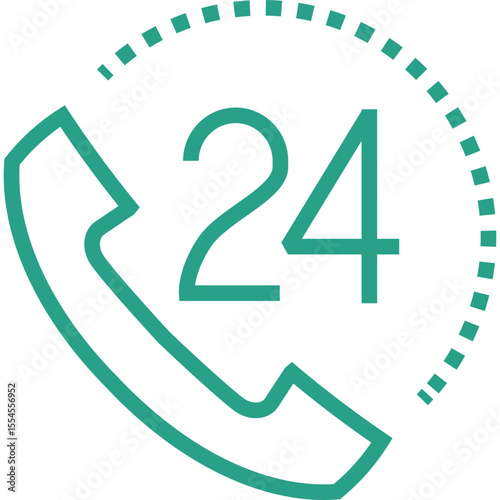 Green outline icon representing 24 hour customer service support with a telephone handset and a dotted circle indicating continuous availability