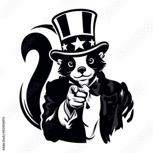 Skunk wear american top hat as uncle sam point index finger to viewer. 4th of July Flag Patriotism Usa America Independence Day Clipart Line Art Vector Illustration. Stripe critter dons.