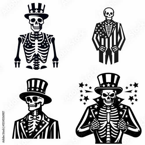 skeleton wear american patriotic costume. 4th of July Flag Patriotism Usa America Independence Day Clipart Line Art Vector Illustration. Bone outfit united states national pride dress up.