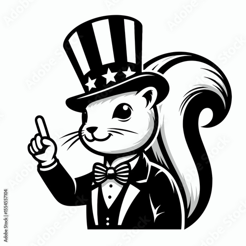 Squirrel wear american top hat as uncle sam point index finger to viewer. 4th of July Flag Patriotism Usa America Independence Day Clipart Line Art Vector Illustration. Rodent donning.