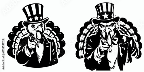 Turkey fullbody wear american top hat as uncle sam point index finger to viewer. 4th of July Flag Patriotism Usa America Independence Day Clipart Line Art Vector Illustration. Fowl donned.