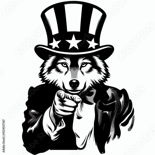 Wolf fullbody wear american top hat as uncle sam point index finger to viewer. 4th of July Flag Patriotism Usa America Independence Day Clipart Line Art Vector Illustration. Canine complete.