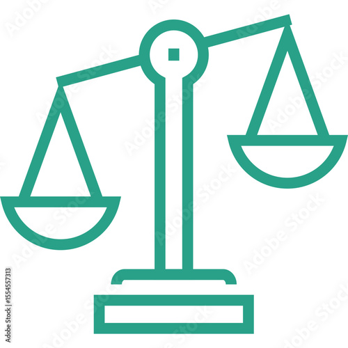 A simple teal line art icon of a balanced scale representing justice fairness and legal decisions on a white background