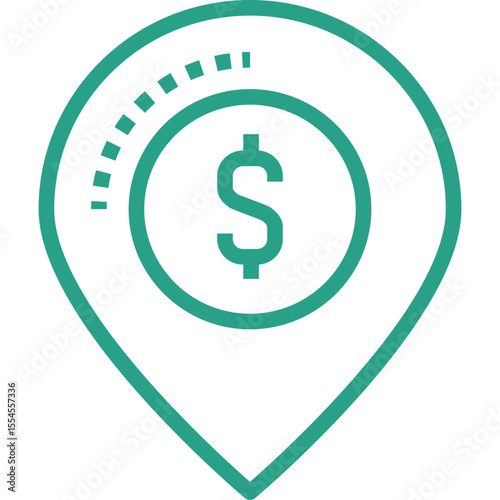 Teal green outline icon of a location pin containing a dollar sign within a circle and a dotted line accent