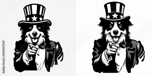Australian Shepherd Dog fullbody wear american top hat as uncle sam point index finger to viewer. 4th of July Flag Patriotism Usa America Independence Day Clipart Line Art Vector.