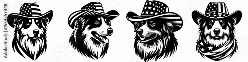 Australian Shepherd Dog wear american flag prinit on cowboy hat2. 4th of July Patriotism Usa America Independence Day Clipart Line Art Vector Illustration. herder canine sports united states.