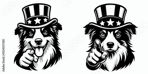Australian Shepherd Dog wear american top hat as uncle sam point index finger to viewer. 4th of July Flag Patriotism Usa America Independence Day Clipart Line Art Vector Illustration. Canine.