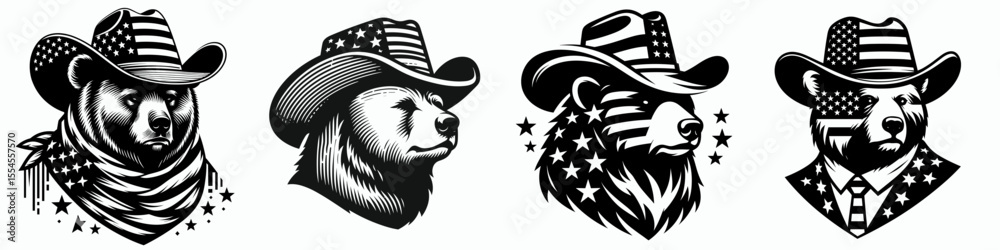 Bear wear american flag prinit on cowboy hat2. 4th of July Patriotism Usa America Independence Day Clipart Line Art Vector Illustration. Bruin costume banner picture upon western headgear.