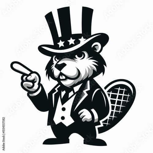 Beaver fullbody wear american top hat as uncle sam point index finger to viewer. 4th of July Flag Patriotism Usa America Independence Day Clipart Line Art Vector Illustration. Rodent.