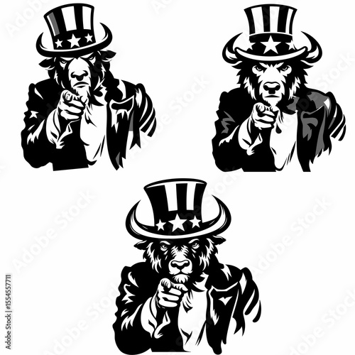 Bison fullbody wear american top hat as uncle sam point index finger to viewer. 4th of July Flag Patriotism Usa America Independence Day Clipart Line Art Vector Illustration. Large bovine in.