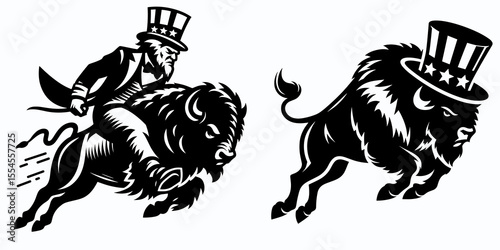 Bison. 4th of July American Flag Patriotism Usa America Independence Day Clipart Line Art Vector Illustration. Large bovine creature grassland grazer prairie fauna north wildlife.