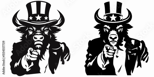 Bison wear american top hat as uncle sam point index finger to viewer. 4th of July Flag Patriotism Usa America Independence Day Clipart Line Art Vector Illustration. Buffalo with patriotic.
