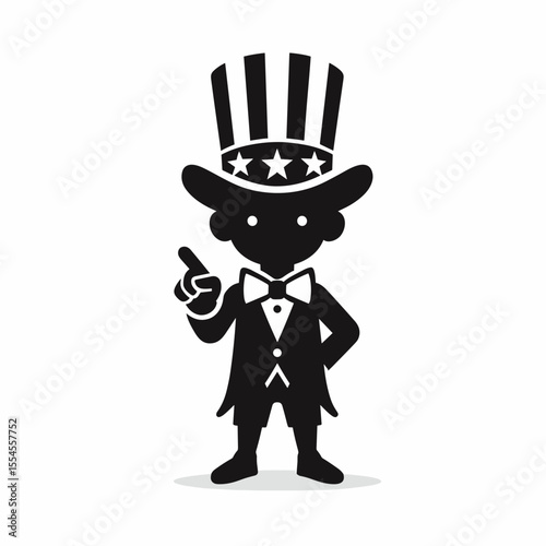 black boy fullbody wear american top hat as uncle sam point index finger to viewer. 4th of July Flag Patriotism Usa America Independence Day Clipart Line Art Vector Illustration. Young.