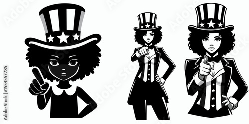 black girl fullbody wear american top hat as uncle sam point index finger to viewer. 4th of July Flag Patriotism Usa America Independence Day Clipart Line Art Vector Illustration.