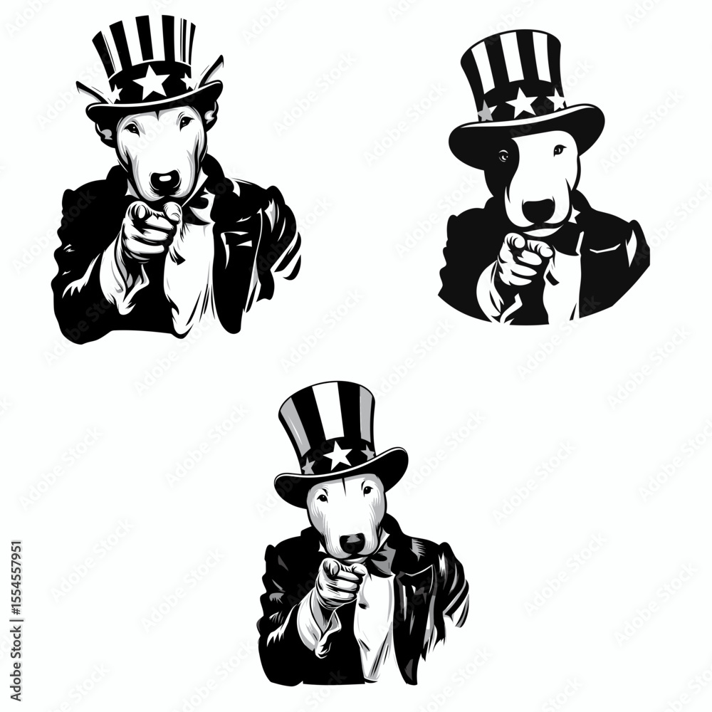 Obraz premium Bull Terrier Dog wear american top hat as uncle sam point index finger to viewer. 4th of July Flag Patriotism Usa America Independence Day Clipart Line Art Vector Illustration. Canine.