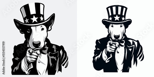 Bull Terrier Dog fullbody wear american top hat as uncle sam point index finger to viewer. 4th of July Flag Patriotism Usa America Independence Day Clipart Line Art Vector Illustration.