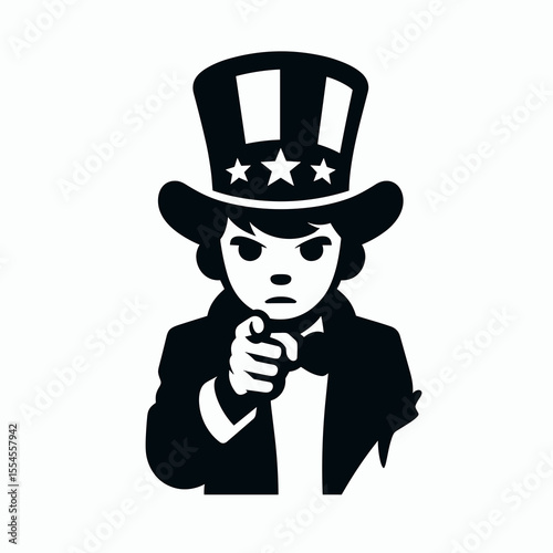 boy wear american top hat as uncle sam point index finger to viewer. 4th of July Flag Patriotism Usa America Independence Day Clipart Line Art Vector Illustration. Young male don costume.