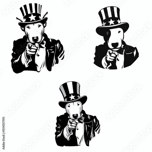 Bull Terrier Dog wear american top hat as uncle sam point index finger to viewer. 4th of July Flag Patriotism Usa America Independence Day Clipart Line Art Vector Illustration. Canine.