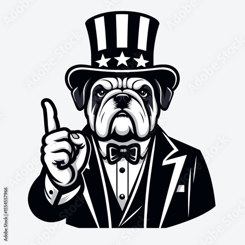 Bulldog Dog fullbody wear american top hat as uncle sam point index finger to viewer. 4th of July Flag Patriotism Usa America Independence Day Clipart Line Art Vector Illustration. English.