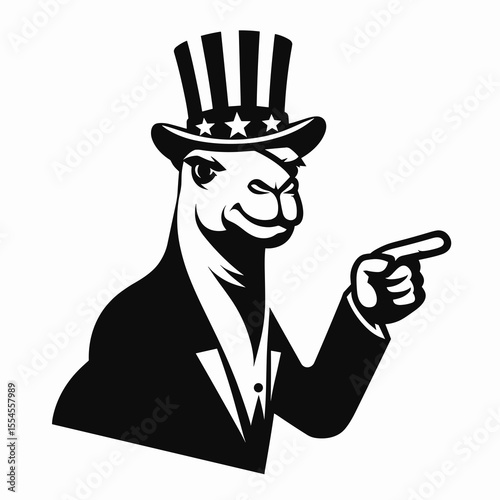 Camel fullbody wear american top hat as uncle sam point index finger to viewer. 4th of July Flag Patriotism Usa America Independence Day Clipart Line Art Vector Illustration. Dromedary.