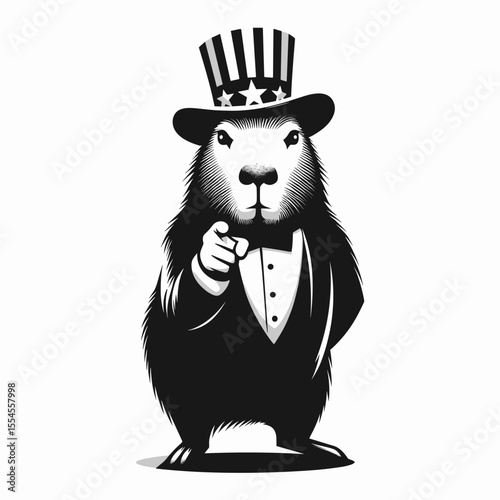 capybara fullbody wear american top hat as uncle sam point index finger to viewer. 4th of July Flag Patriotism Usa America Independence Day Clipart Line Art Vector Illustration. Cute rodent.