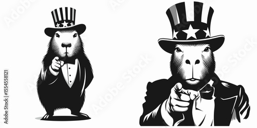capybara fullbody wear american top hat as uncle sam point index finger to viewer. 4th of July Flag Patriotism Usa America Independence Day Clipart Line Art Vector Illustration. Rodent whole.