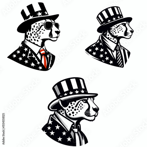 Cheetah wear american patriotic costume. 4th of July Flag Patriotism Usa America Independence Day Clipart Line Art Vector Illustration. Feline don attire nationalistic garb party dress.