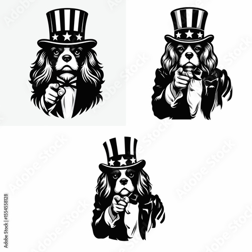Cavalier King Charles Spaniel Dog fullbody wear american top hat as uncle sam point index finger to viewer. 4th of July Flag Patriotism Usa America Independence Day Clipart Line Art Vector.