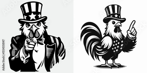 Chicken fullbody wear american top hat as uncle sam point index finger to viewer. 4th of July Flag Patriotism Usa America Independence Day Clipart Line Art Vector Illustration. Fowl.