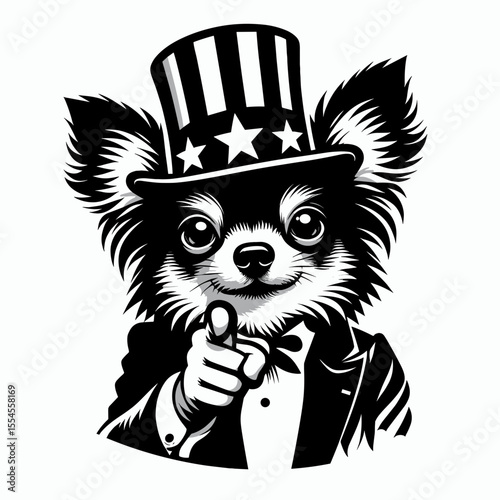 Chihuahua Dog fullbody wear american top hat as uncle sam point index finger to viewer. 4th of July Flag Patriotism Usa America Independence Day Clipart Line Art Vector Illustration. Tiny.