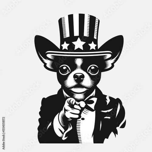 Chihuahua Dog wear american top hat as uncle sam point index finger to viewer. 4th of July Flag Patriotism Usa America Independence Day Clipart Line Art Vector Illustration. Tiny canine.