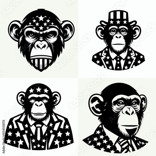 Chimpanzee wear american patriotic costume. 4th of July Flag Patriotism Usa America Independence Day Clipart Line Art Vector Illustration. Ape don attire animal in national themed dress up.