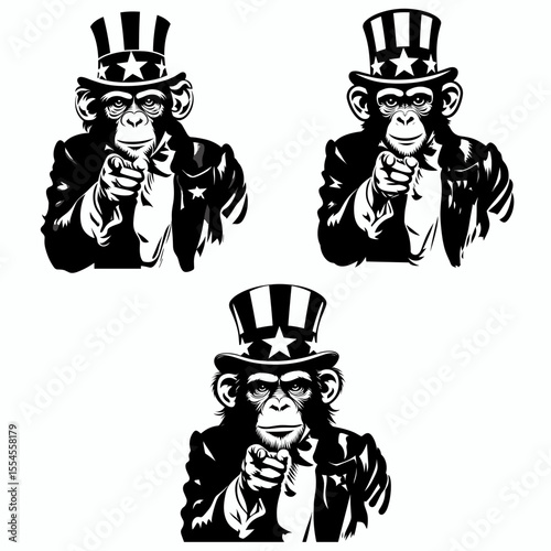 Chimpanzee fullbody wear american top hat as uncle sam point index finger to viewer. 4th of July Flag Patriotism Usa America Independence Day Clipart Line Art Vector Illustration. Ape entire.