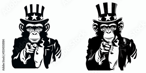 Chimpanzee wear american top hat as uncle sam point index finger to viewer. 4th of July Flag Patriotism Usa America Independence Day Clipart Line Art Vector Illustration. Ape don patriotic.