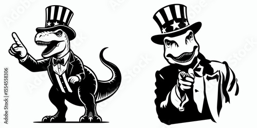 Dinosaur fullbody wear american top hat as uncle sam point index finger to viewer. 4th of July Flag Patriotism Usa America Independence Day Clipart Line Art Vector Illustration. Reptile.