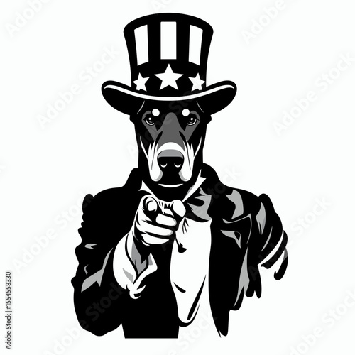 Doberman Pinscher Dog fullbody wear american top hat as uncle sam point index finger to viewer. 4th of July Flag Patriotism Usa America Independence Day Clipart Line Art Vector Illustration.