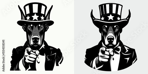 Doberman Pinscher Dog wear american top hat as uncle sam point index finger to viewer. 4th of July Flag Patriotism Usa America Independence Day Clipart Line Art Vector Illustration. canine.