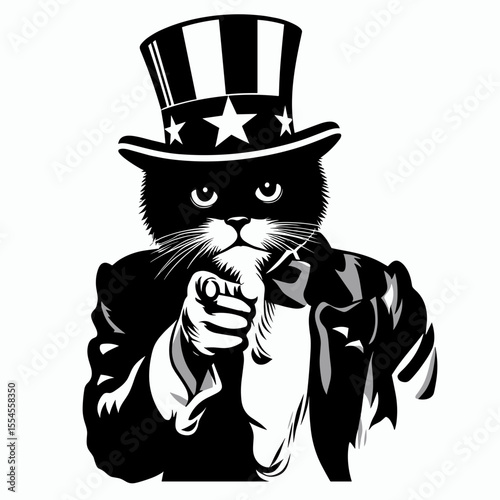 Domestic Shorthair Cat fullbody wear american top hat as uncle sam point index finger to viewer. 4th of July Flag Patriotism Usa America Independence Day Clipart Line Art Vector.