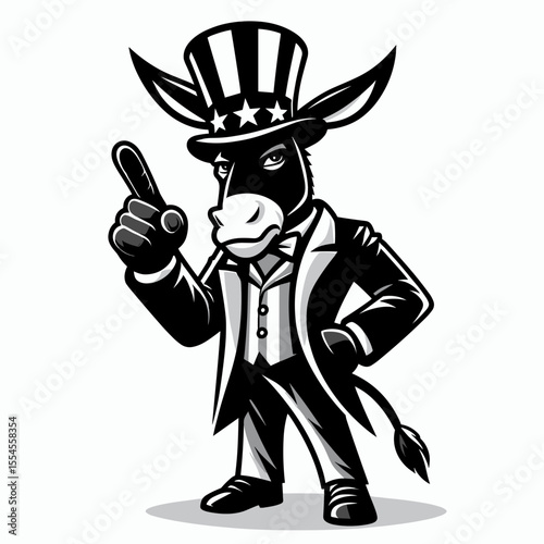 Donkey fullbody wear american top hat as uncle sam point index finger to viewer. 4th of July Flag Patriotism Usa America Independence Day Clipart Line Art Vector Illustration. Quadruped.