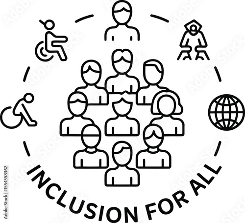Diverse people group with accessibility symbols and globe inclusion diversity