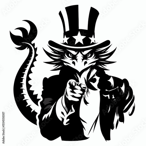Dragon fullbody wear american top hat as uncle sam point index finger to viewer. 4th of July Flag Patriotism Usa America Independence Day Clipart Line Art Vector Illustration. Huge reptile.