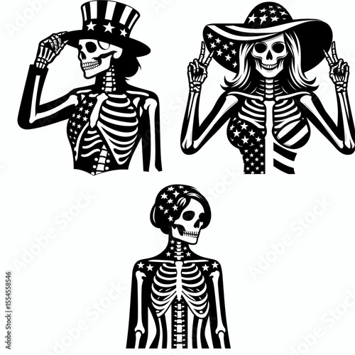 female skeleton wear american patriotic costume. 4th of July Flag Patriotism Usa America Independence Day Clipart Line Art Vector Illustration. Lady bony structure don united state.